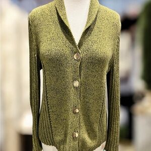 Christopher & Banks 100% Cotton Olive Green Knit Cardigan Sweater Womens 10